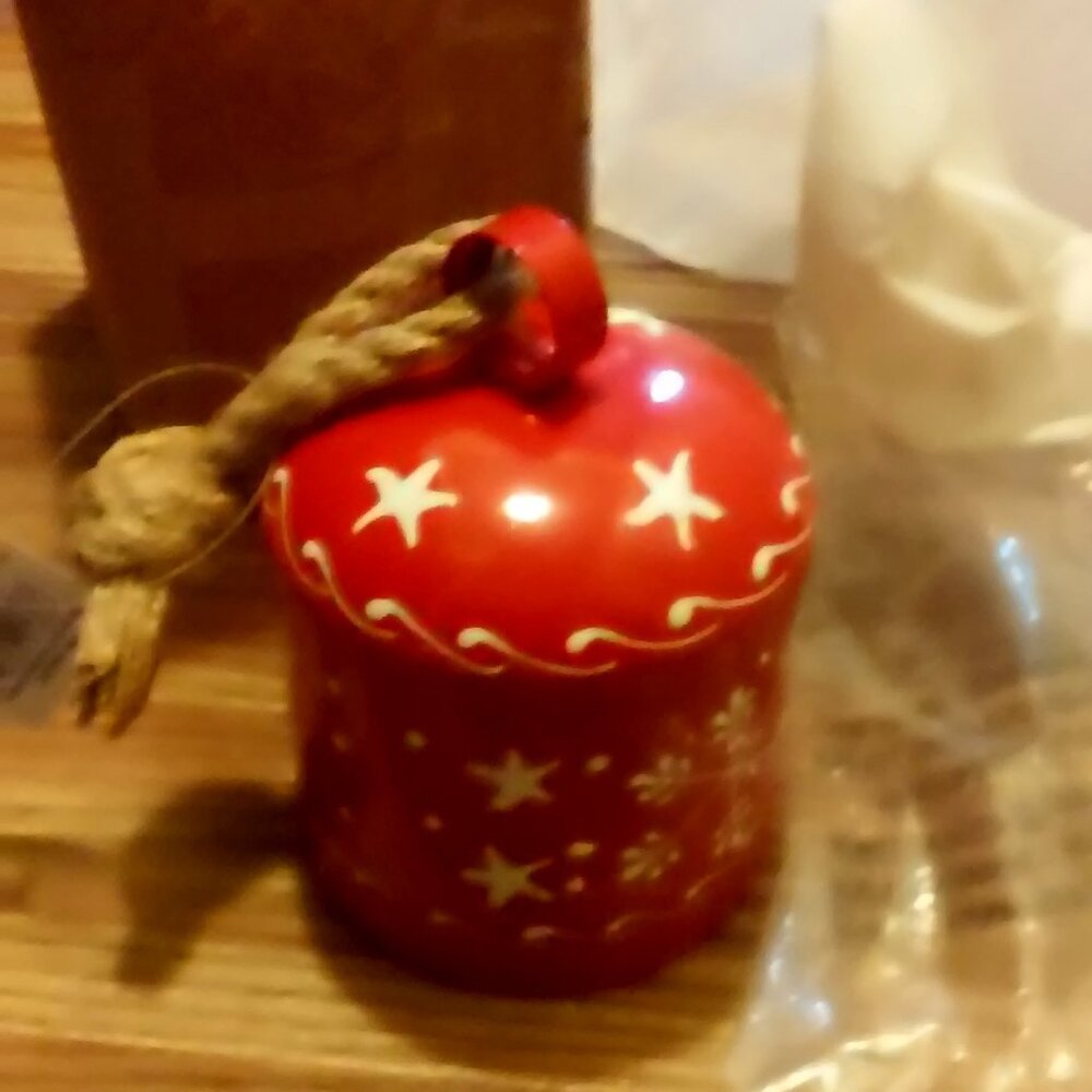Christmas Bell New Red & White With Rope Hanger with Metal Clanger Hangs 6"